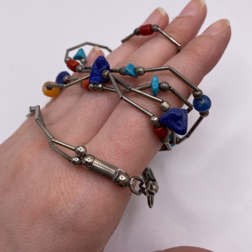 Vintage Double Strand Liquid Sterling Silver Multi Gemstone Necklace - Picture 7 of 8